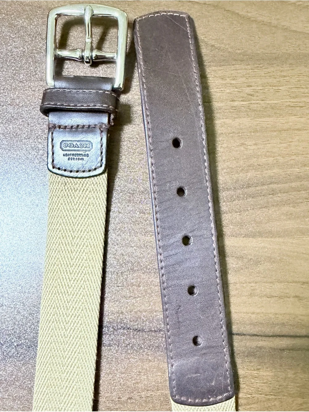 Coach Vintage Tan Woven Canvas & Brown Leather Belt Solid Brass Buckle Size 34